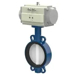Wafer type butterfly valve and ductile iron disk and Viton seat, DN80, PN16. PA300 series pneumatic actuator