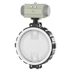 Wafer type lined butterfly valve with stainless-steel + molybdenum body and stainless steel with molybdenum disk and PTFE seat, DN500, PN10. PA200 series pneumatic actuator
