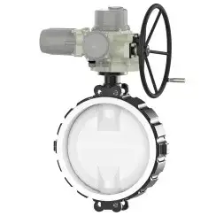 Wafer type lined butterfly valve with stainless-steel + molybdenum body and ductile iron disk and PTFE seat, DN600, PN10. PA200 series electric actuator