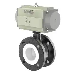 Flanged type lined butterfly valve with steel body and stainless steel with molybdenum disk and PTFE seat, DN200, PN16. PA200 series pneumatic actuator