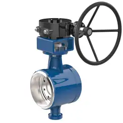 Welded type butterfly valve with tripple eccentricity with stainless-steel body and carbon steel disk and metal-on-metal seat, DN400, PN63. PA900 series reducer