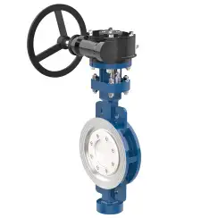 Wafer type butterfly valve with tripple eccentricity with alloyed-steel body and carbon steel disk and metal-on-metal seat, DN400, PN10. PA900 series reducer