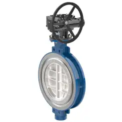 Wafer type butterfly valve with tripple eccentricity with alloyed-steel body and carbon steel disk and metal-on-metal seat, DN700, PN10. PA900 series reducer