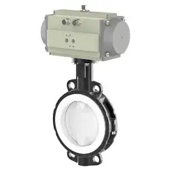 Wafer type lined butterfly valve with steel body and stainless steel disk and PTFE seat, DN50, PN10. PA200 series pneumatic actuator