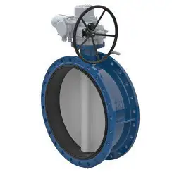 Flanged type butterfly valve with stainless-steel body and stainless steel with molybdenum disk and NBR seat, DN900, PN10. PA300 series electric actuator