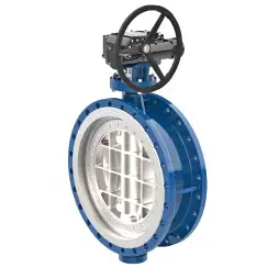 Flanged type butterfly valve with tripple eccentricity with steel body and stainless steel with molybdenum disk and metal-on-metal seat, DN600, PN63. PA900 series reducer