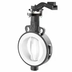 Wafer type lined butterfly valve with steel body and stainless steel disk and PTFE seat, DN50, PN10. PA200 series handle