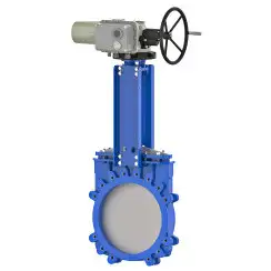 Bidirectional knife gate valve with stainless-steel + molybdenum body and metal-on-metal seat, DN900, PN10. PA520 series electric actuator