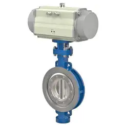 Wafer type butterfly valve with tripple eccentricity with alloyed-steel body and carbon steel disk and metal-on-metal seat, DN400, PN10. PA900 series pneumatic actuator