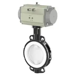 Wafer type lined butterfly valve with stainless-steel body and carbon steel disk and PTFE seat, DN125, PN10. PA200 series pneumatic actuator