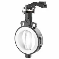Wafer type lined butterfly valve and stainless steel disk and PTFE seat, DN100, PN10. PA200 series handle