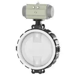 Wafer type lined butterfly valve and carbon steel disk and PTFE seat, DN450, PN16. PA200 series pneumatic actuator