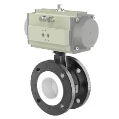 Flanged type lined butterfly valve and stainless steel with molybdenum disk and PTFE seat, DN100, PN16. PA200 series pneumatic actuator