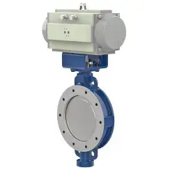 Wafer type butterfly valve with double eccentricity with stainless-steel body and stainless steel disk and PTFE+SS seat, DN350, PN25. PA400 series pneumatic actuator