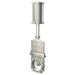 Unidirectional knife gate valve for high pressure with blind body with steel body and metal-on-metal seat, DN200, PN10. PA570 series pneumatic actuator