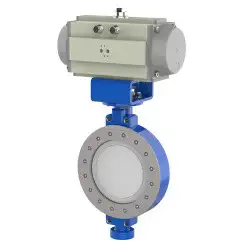 Wafer type butterfly valve with double eccentricity with stainless-steel body and stainless steel disk and PTFE+SS seat, DN600, PN16. PA400 series pneumatic actuator