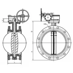 Flanged type butterfly valve with steel body and stainless steel disk and EPDM seat, DN250, PN16. PA300 series reducer