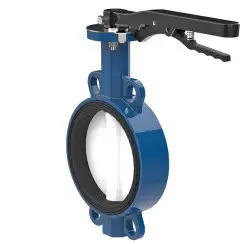 Wafer type butterfly valve and ductile iron disk and NBR seat, DN65, PN16. PA300 series handle