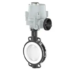 Wafer type lined butterfly valve with steel body and stainless steel disk and PTFE seat, DN50, PN10. PA200 series electric actuator