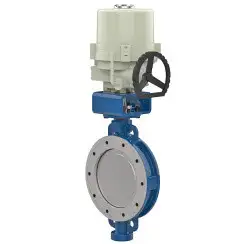 Wafer type butterfly valve with double eccentricity with stainless-steel body and stainless steel disk and PTFE+SS seat, DN350, PN25. PA400 series electric actuator