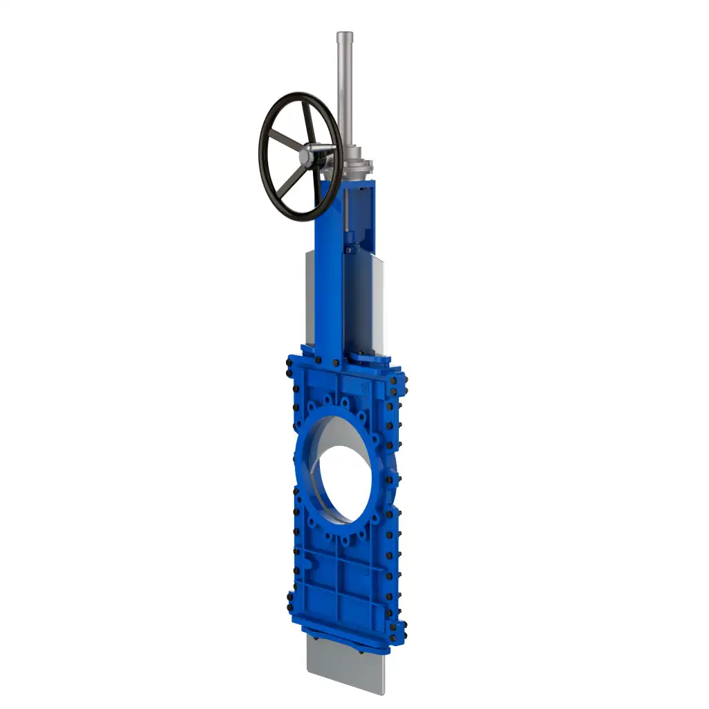 Knife gate valve with through knife with stainless-steel + molybdenum body and metal-on-metal seat, DN900, PN10. PA510 series pneumatic actuator