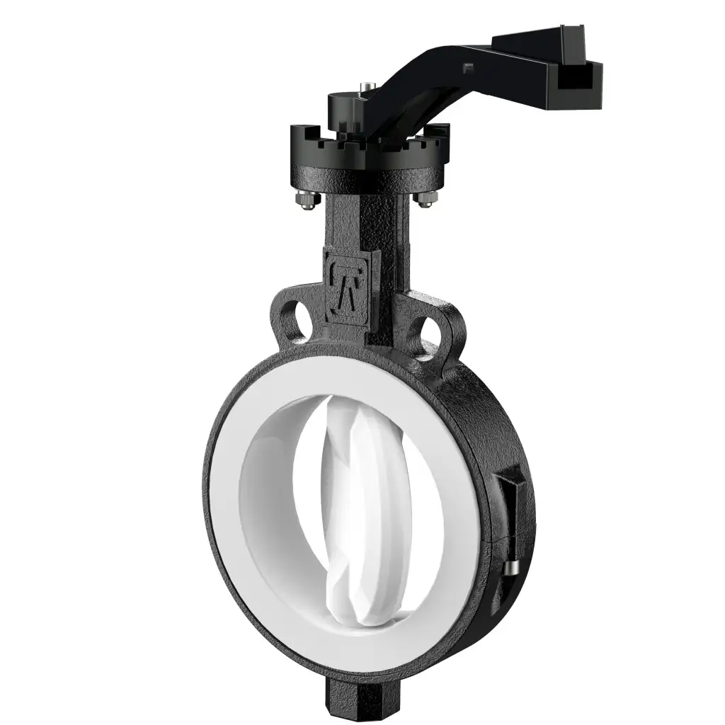 Wafer type lined butterfly valve with steel body and stainless steel disk and PTFE seat, DN50, PN10. PA200 series pneumatic actuator