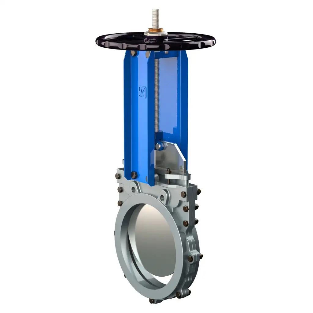 Bidirectional knife gate valve with demountable body with stainless-steel + molybdenum body and Viton seat, DN900, PN10. PA530 series pneumatic actuator